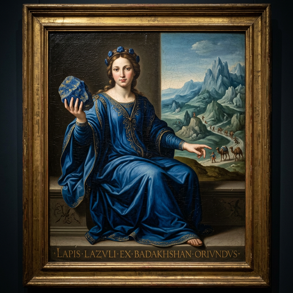 Woman in blue robe holding a large lapis lazuli stone with mountains and camels in background