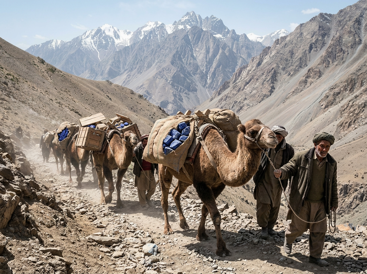 Lapis Lazuli being transported from Badakhshan mountains historical illustration