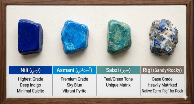 Discover the 4 traditional grades of Afghan Lapis Lazuli used by native miners at Sar-e-Sang: Nili, Asmani, Sabzi, and Rigi. Expert guide to gemstone purity.